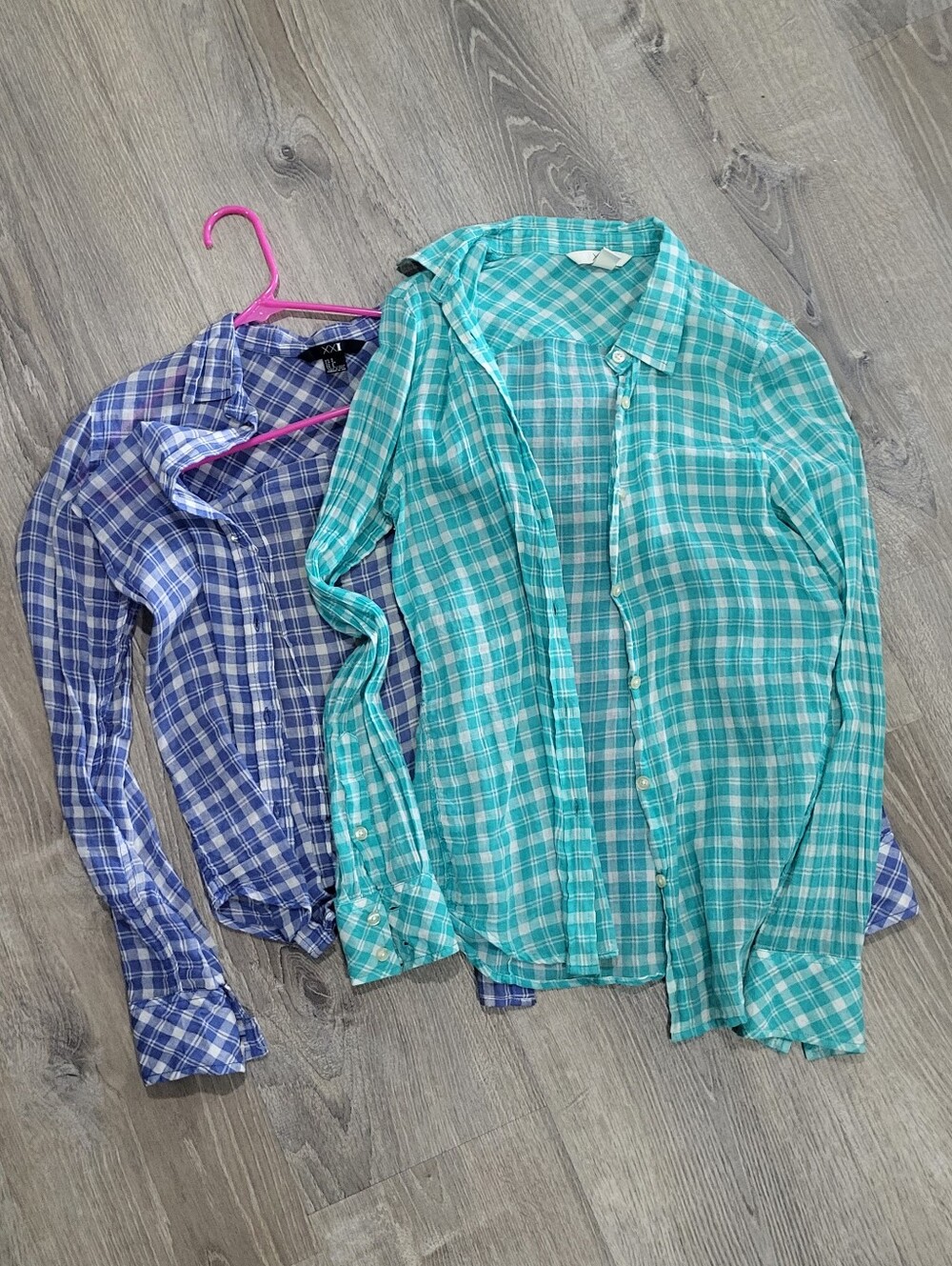 set of 2 gauzey style thin plaid shirts button down